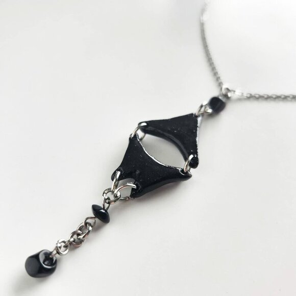 Unique gothic abstact Modernist black clay silver rosary necklace - Picture 6 of 9